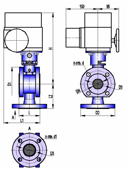 Кран шаровой трехходовой с электроприводом АВТОМАТИКА-ИНВЕСТ КШТХ-1-16-50 с МЭОФ-40 Краны