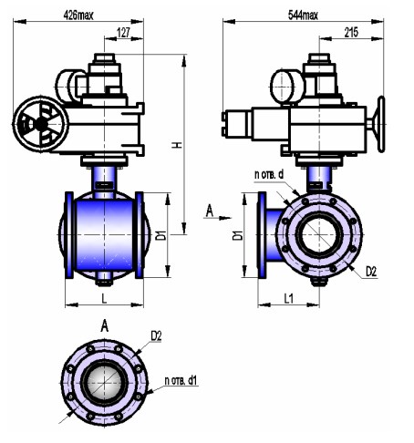 Кран шаровой трехходовой с электроприводом АВТОМАТИКА-ИНВЕСТ КШТХ-2-16-150 с МЭОФ-630-IIBT4-01 Краны