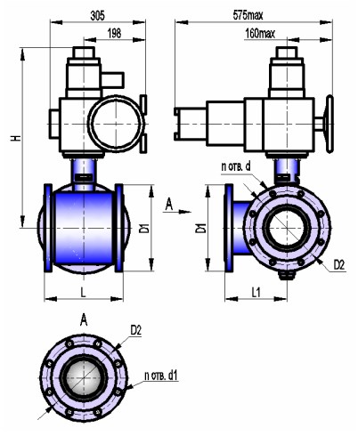 Кран шаровой трехходовой с электроприводом АВТОМАТИКА-ИНВЕСТ КШТХ-3-16-150нж с МЭОФ-250-IIBT4 Краны