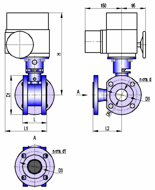 Кран шаровой трехходовой с электроприводом АВТОМАТИКА-ИНВЕСТ КШТХ-4-16-50 с МЭОФ-40 Краны